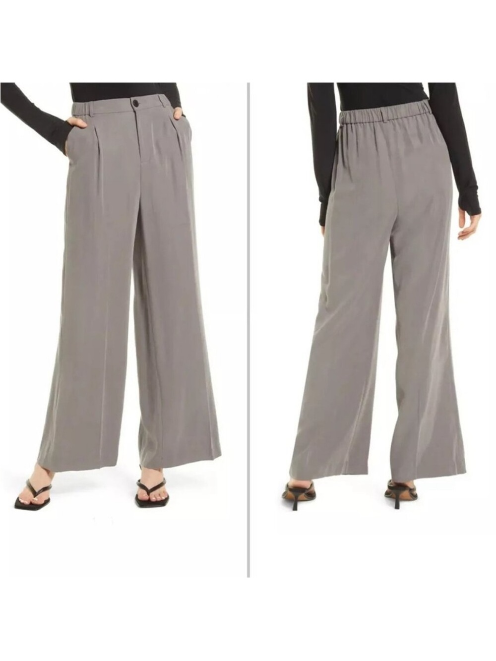 Open Edit Twill Wide-Leg Trousers in Light Gray